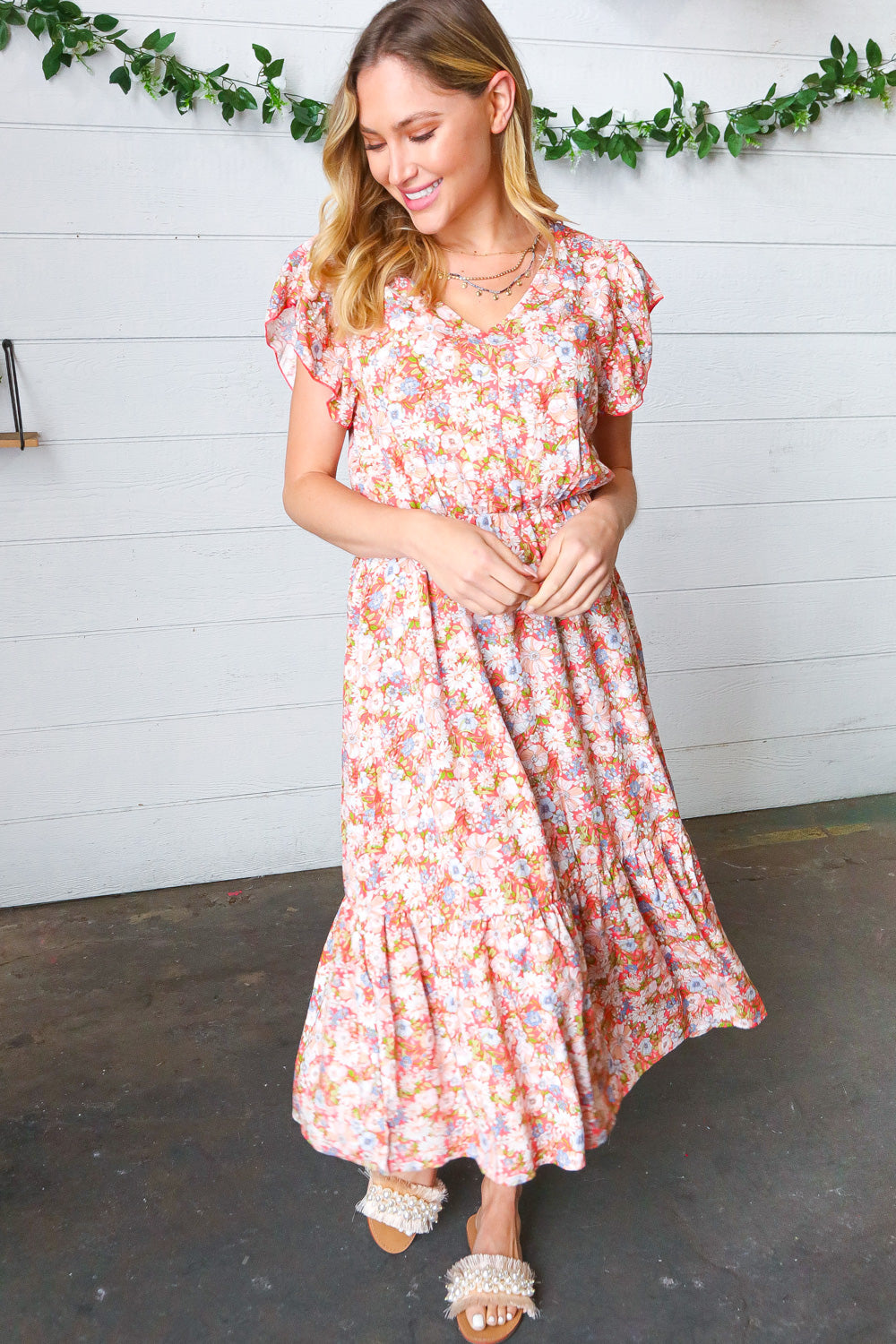 Coral Floral Boho Elastic Waist Ruffle Midi Dress