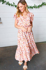 Coral Floral Boho Elastic Waist Ruffle Midi Dress