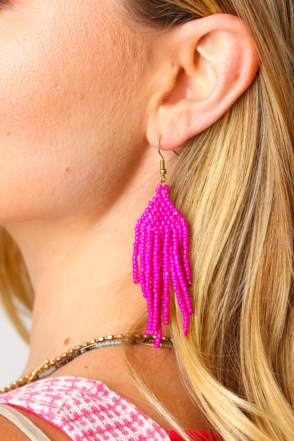 Fushcia Beaded Pyramid Drop Earrings