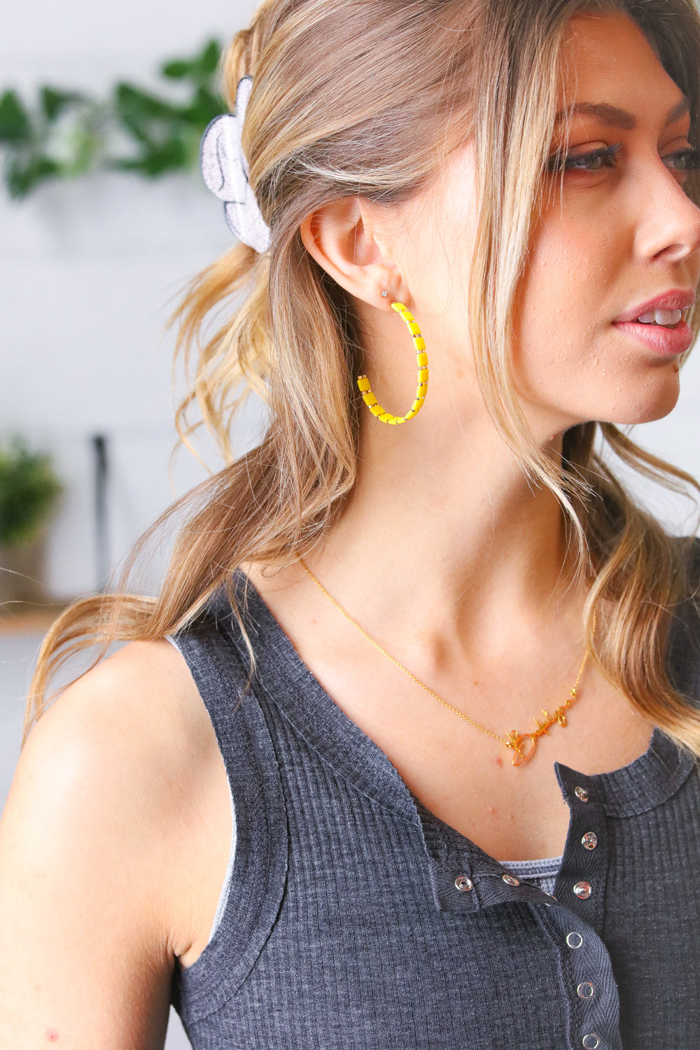 Yellow Block Bead Open Hoop Earrings