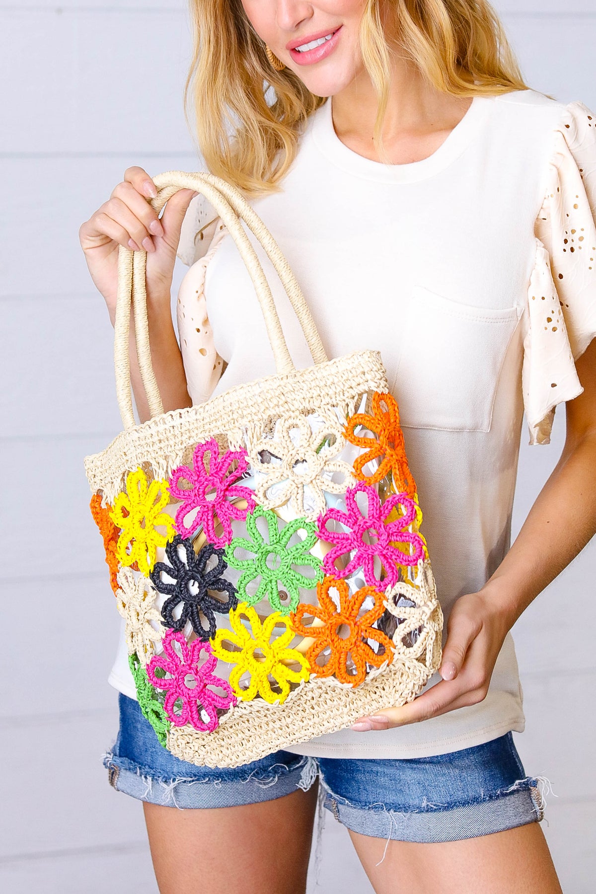 Multicolor Flower Power Woven Straw Crochet Tote