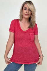 Washed Melange Burnout Scoop V-Neck Top