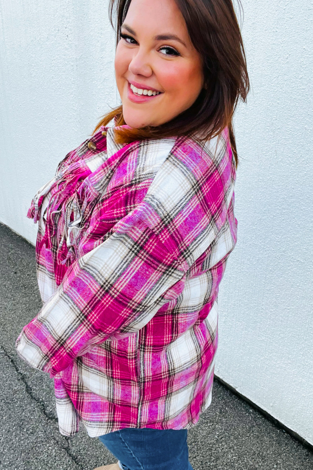 Magenta Plaid Fringe Button Down Shacket