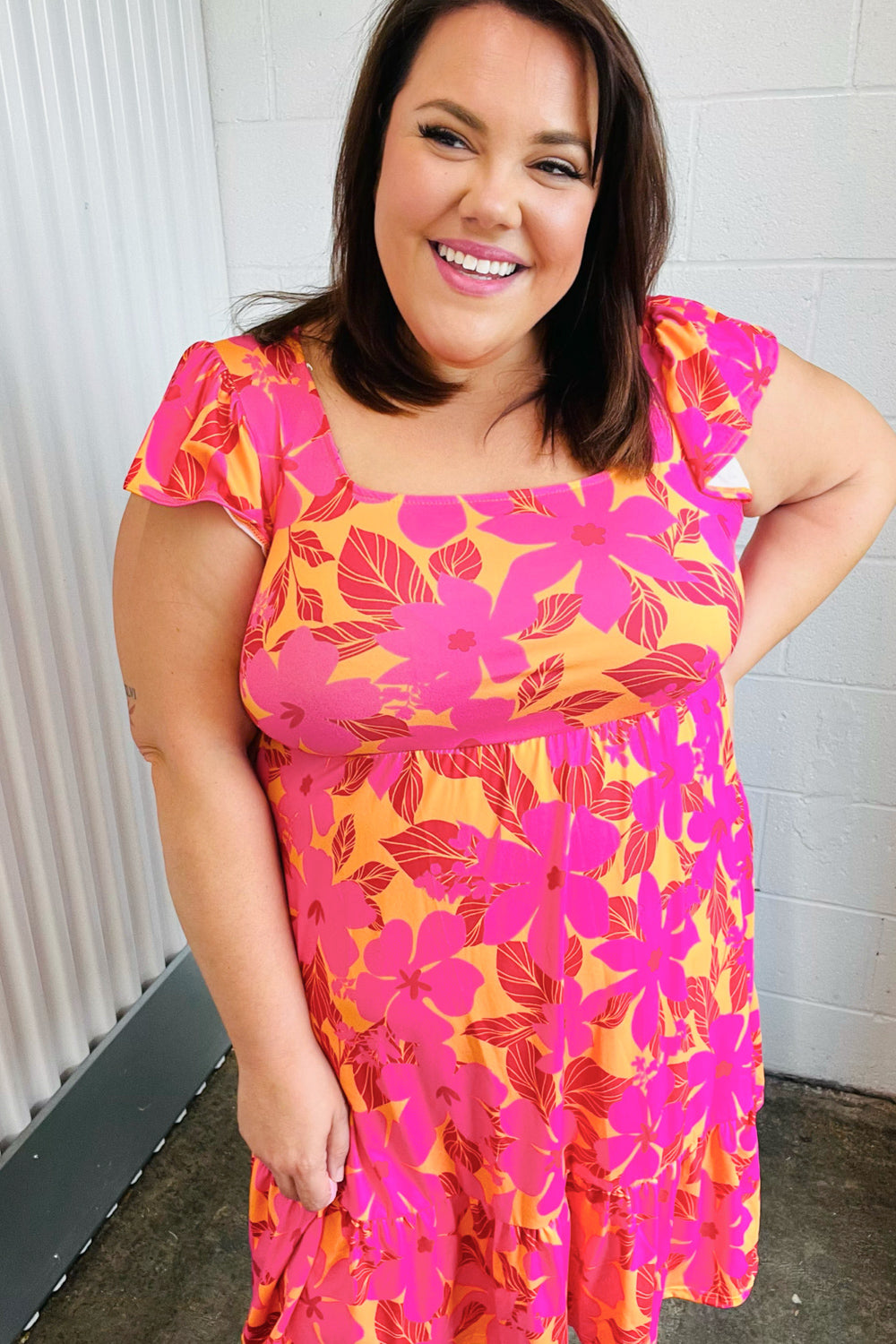 Fuchsia & Orange Tropical Floral Square Neck Dress