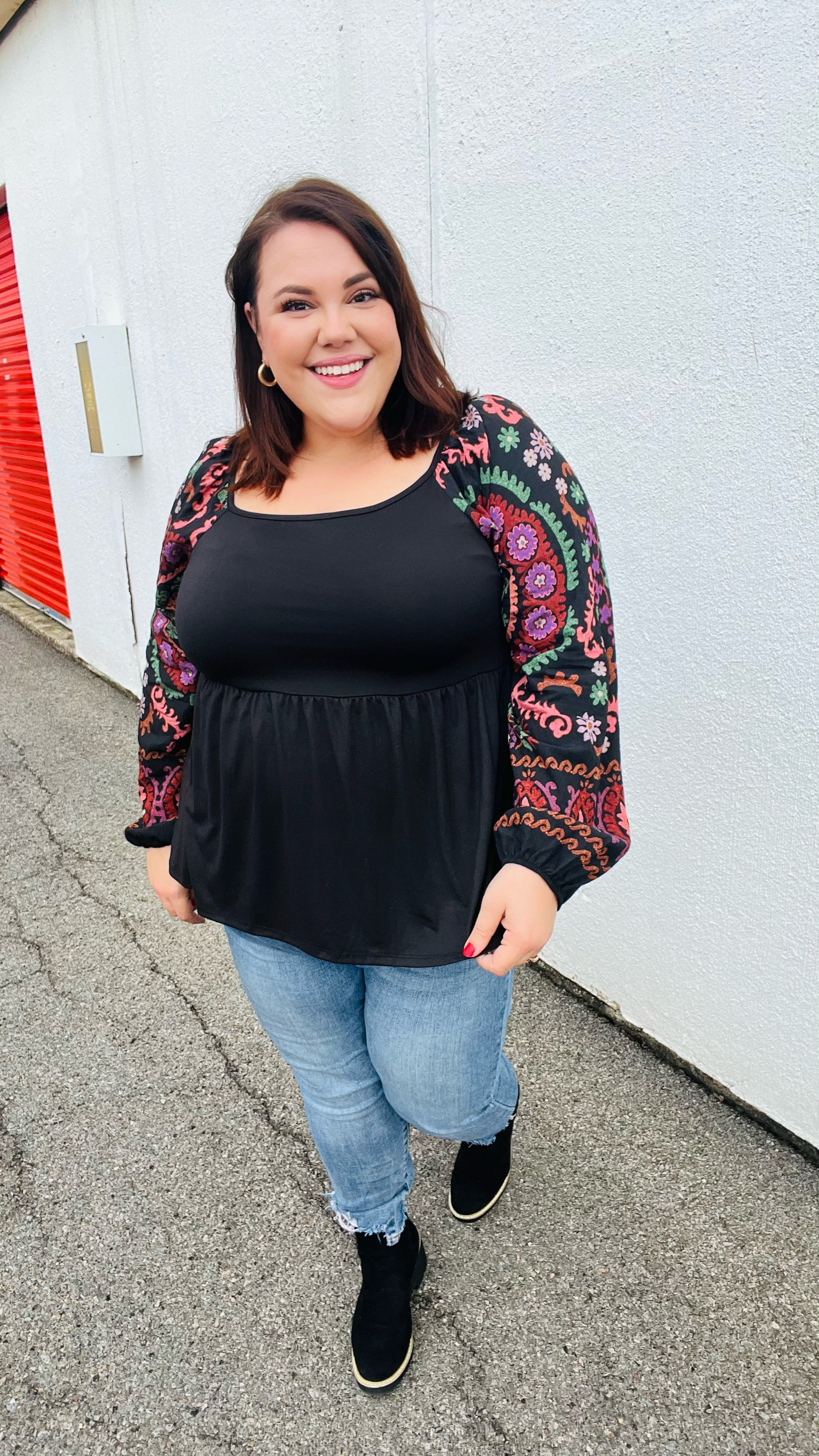 Black Square Neck Dueling Dreams Border Print Blouse