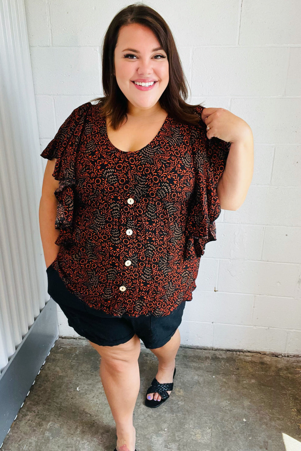 Black & Orange Boho Print Button Detail Side Ruffle Top