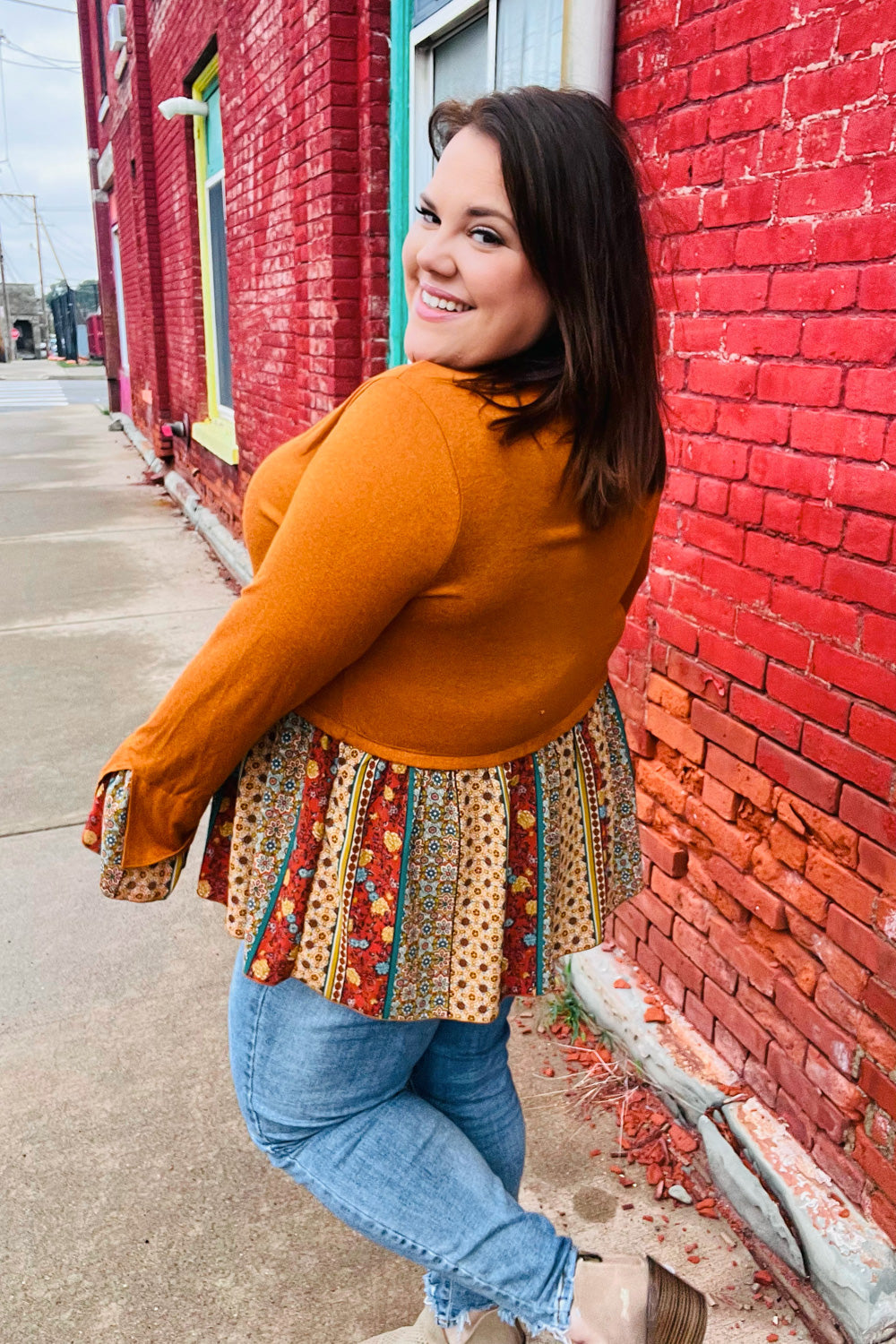 Autumn Days Rust Babydoll Paisley Bell Sleeve Top