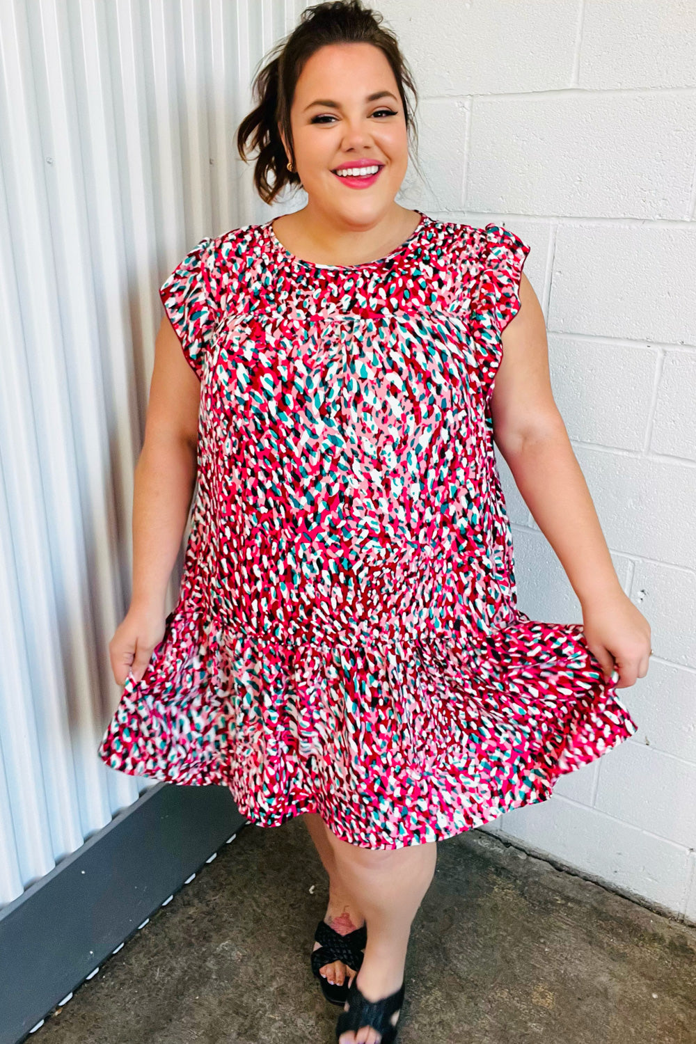 Fuchsia & Teal Abstract Dot Yoke Woven Dress