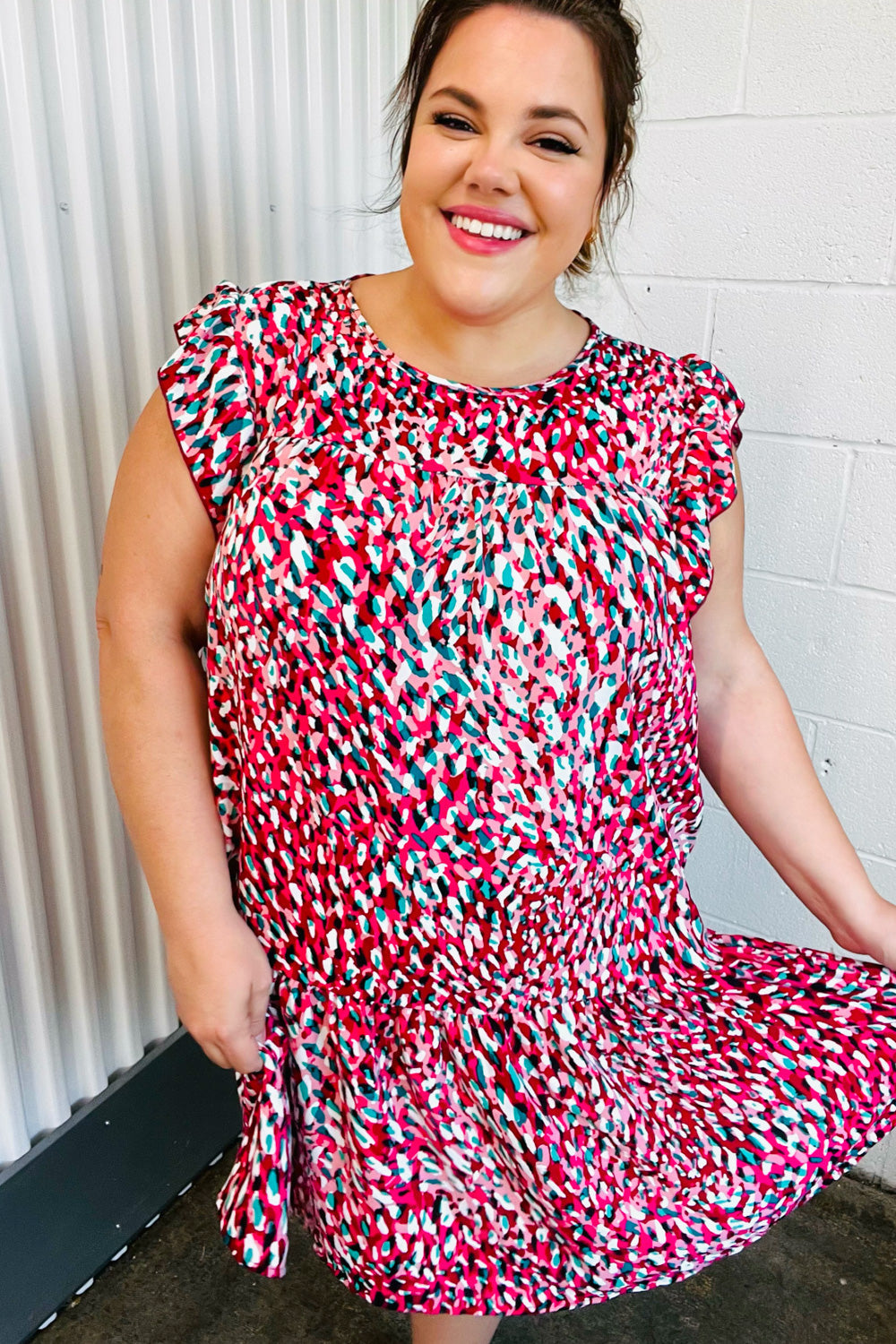 Fuchsia & Teal Abstract Dot Yoke Woven Dress