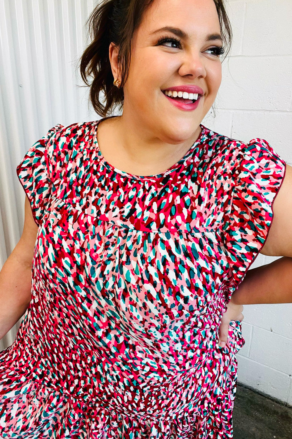 Fuchsia & Teal Abstract Dot Yoke Woven Dress