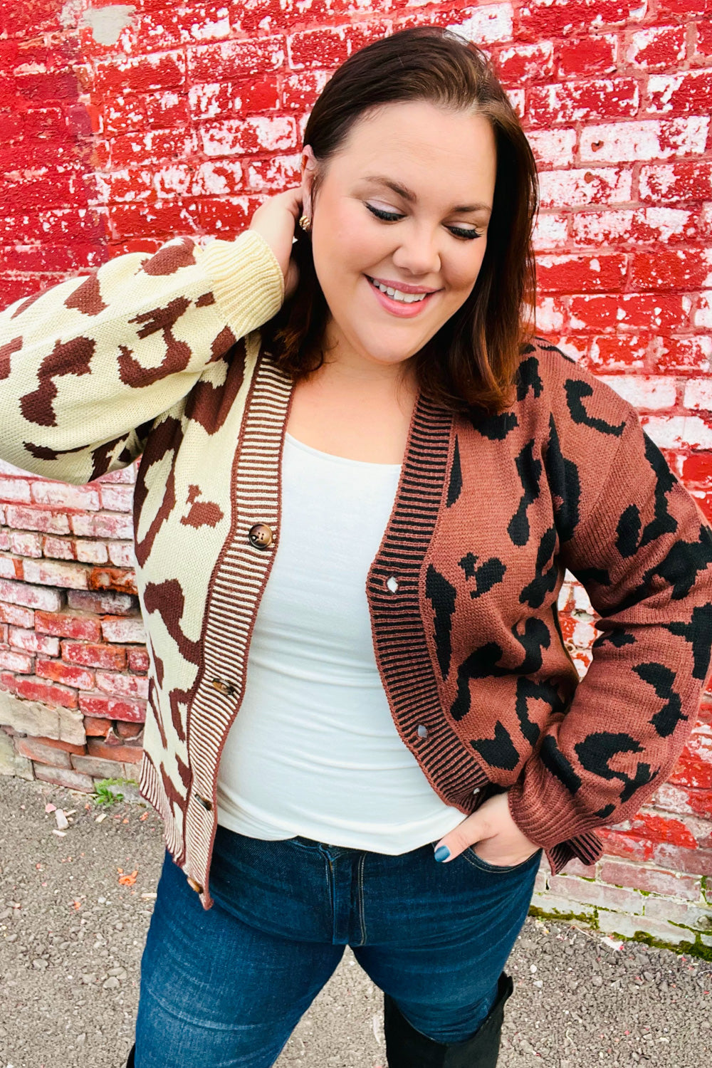 Taupe & Sepia Leopard Print Color Block Cardigan