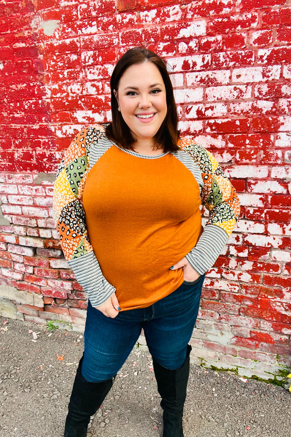 Feeling Myself Rust & Black Animal Print Two Tone Raglan Top