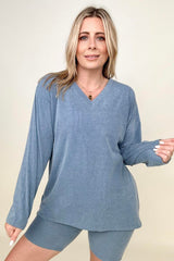 Solid V Neck Long Sleeve Loose Fit T-Shirt