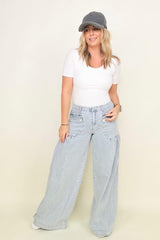 BiBi Washed Denim Wide Leg Pants With Tie Hem Detail