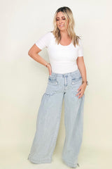 BiBi Washed Denim Wide Leg Pants With Tie Hem Detail