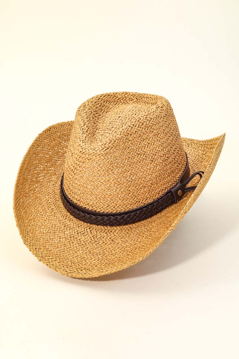 Tan Straw Braided Belt Strap Fashion Hat