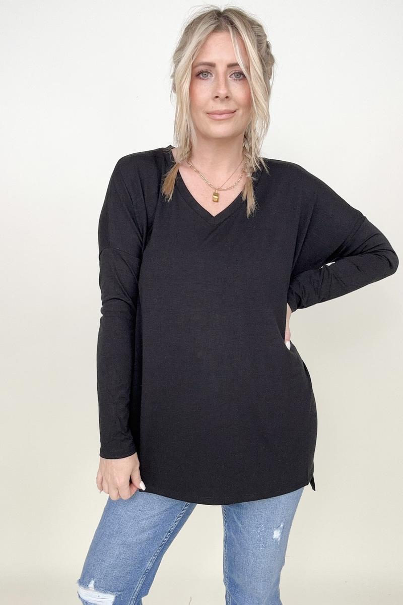 Amicg Solid Dolman Sleeve V Neck Top With Side Slits