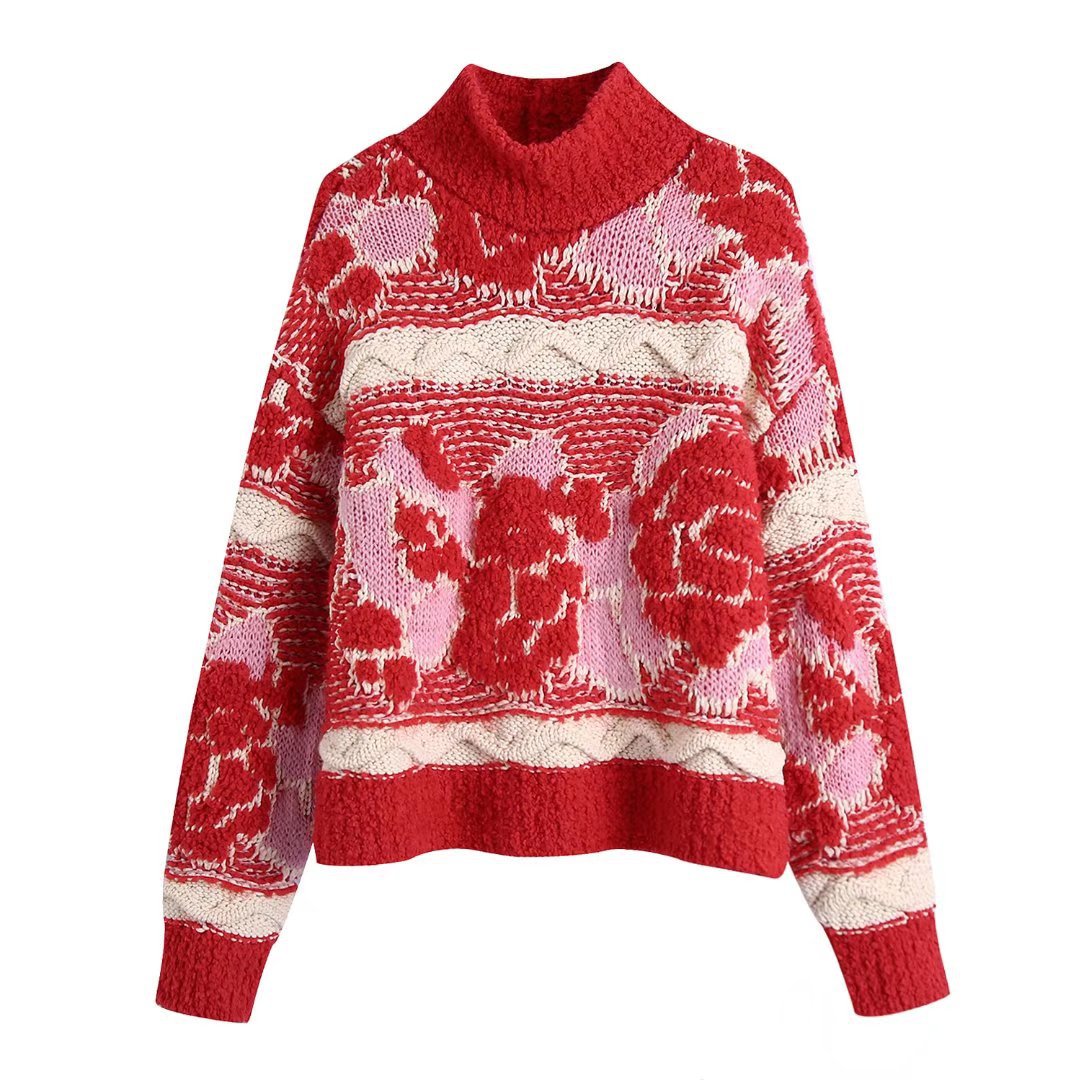 Women High Collar All Match Jacquard Christmas Sweater