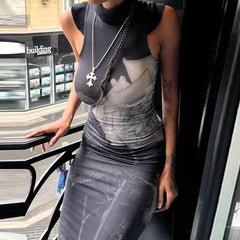 Summer Retro Street Trendy Printed Contrast Color Round Neck High Waist Slim Fit  Dress