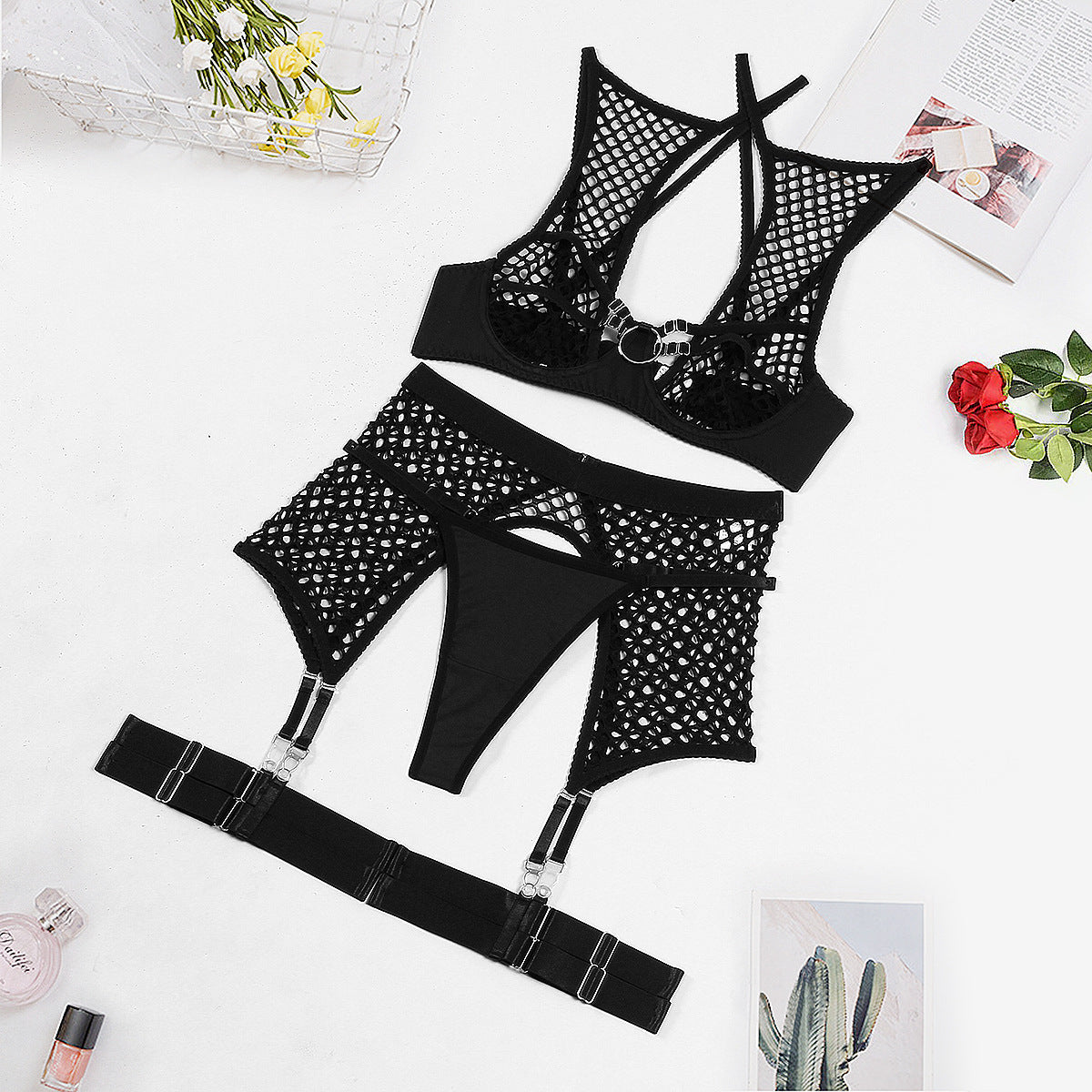 Underwear Set Fishnet Joint Mesh Halter Beauty Back Sexy Four Piece Set