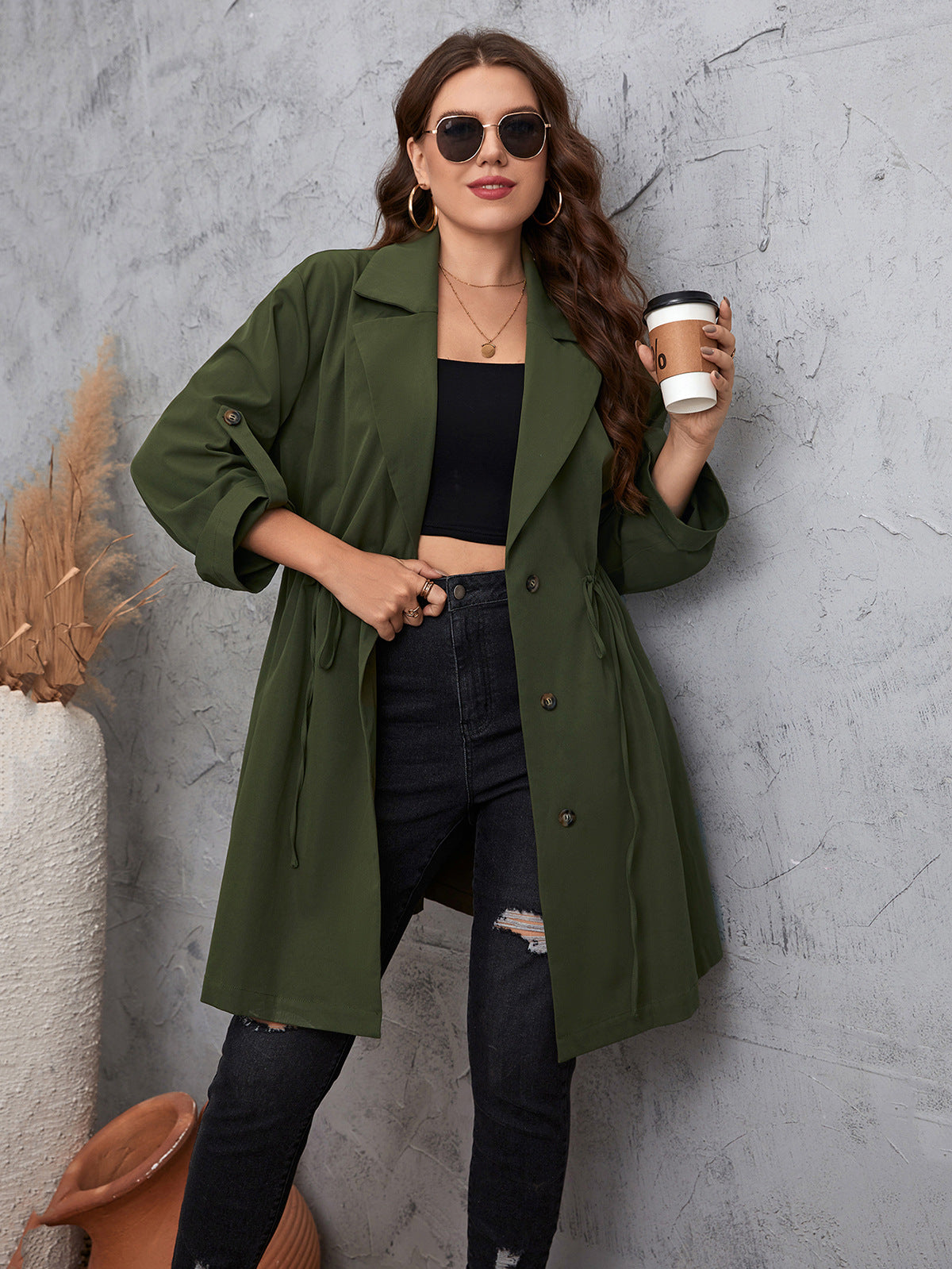 Plus Size Simple Graceful Collar Mid Length Solid Color Coat