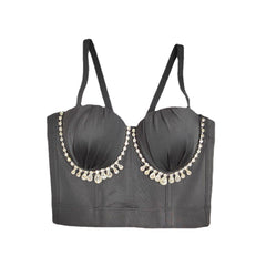 Sweet Fresh Pleated Suspender Vest Short Tight Stretch Shaping Bra Tube Top with Steel Ring Beaded Top