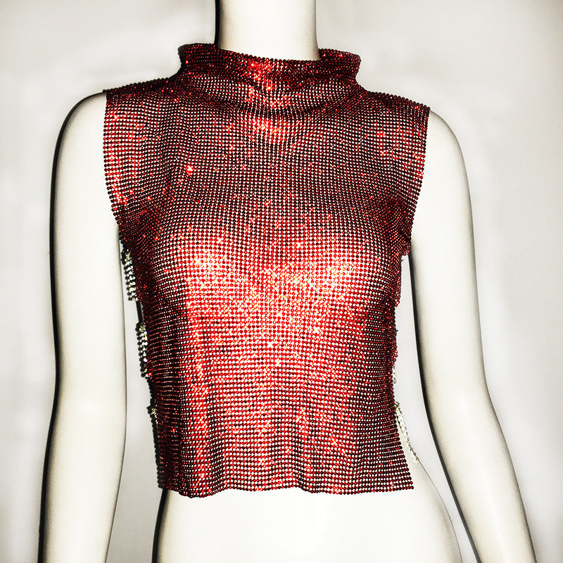 Women's Clothing Full Diamond Vest Luxury Turtleneck Rhinestone Top Sexy Nightclub Sexy Vest