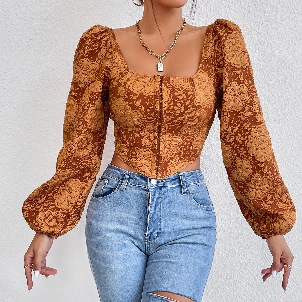 Autumn Street Embroidery Embroidery Retro Vest Breasted Backless Long Sleeves Top