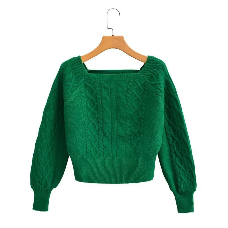 Soft Glutinous Cable Knit Sweater Women Autumn Winter Sweet Idle Design Square Collar Short Sweater