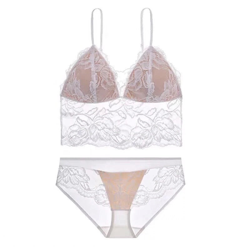 Beauty Back Underwear Women Embroidery Lace Thin Wireless Spaghetti Strap Vest Bra Panties Set Summer