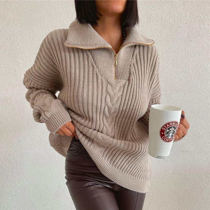 Polo Collar Sweater Twist Collared Lazy Loose Casual Slimming Autumn Winter Solid Color Knitted Zipper Pullover