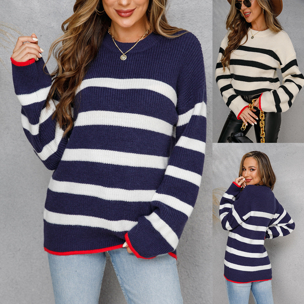 Autumn Winter Sweater Patchwork Stripes Sweater Pullover round Neck Sweater for Women