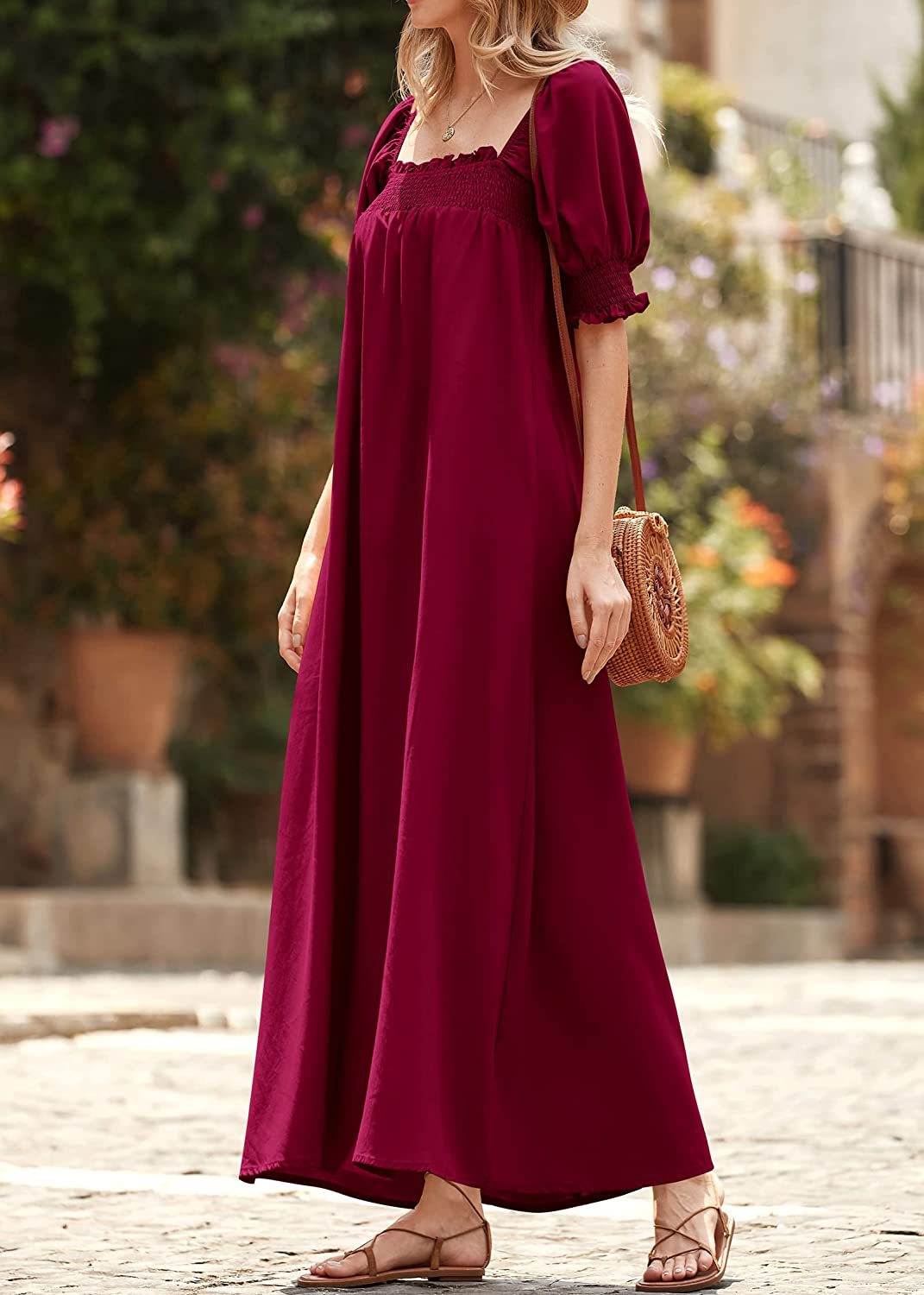 Spring Summer Puff Sleeve Square Collar Dress Solid Color Loose Casual Pocket Maxi Dress