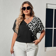 Plus Size  Summer Casual Top Contrast Color Leopard Splicing Loose Short Sleeve V neck Shirt