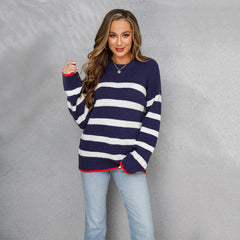 Autumn Winter Sweater Patchwork Stripes Sweater Pullover round Neck Sweater for Women