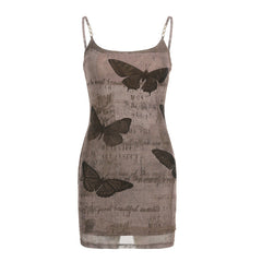 Butterfly Print Contrast Color Basic Slim Fit Sheath Sexy Dress Sexy Short Strap Dress