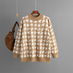 Autumn Winter Houndstooth Knitted Pullover Round Neck Loose Fitting Oversized Sweater Women