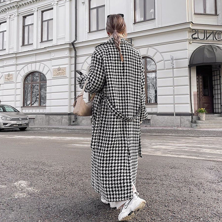 Women  Clothing Autumn Winter Houndstooth Long Trench Coat High End Fashionable Coat Black White Young Coat for Women