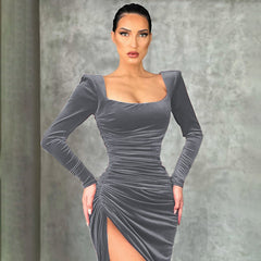 Women Clothing Winter Sexy Square Neck Fold High Waist Tuxedo Dress