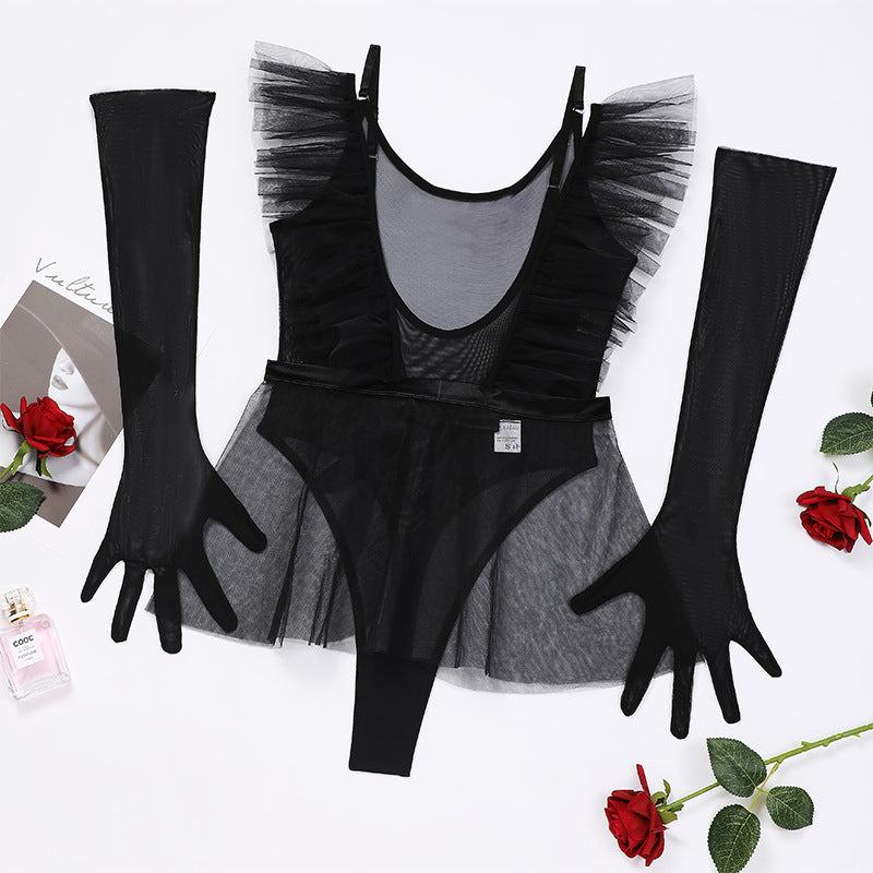 Summer Popular Sexy Mesh Jumpsuit Gloves Three Piece Set Women