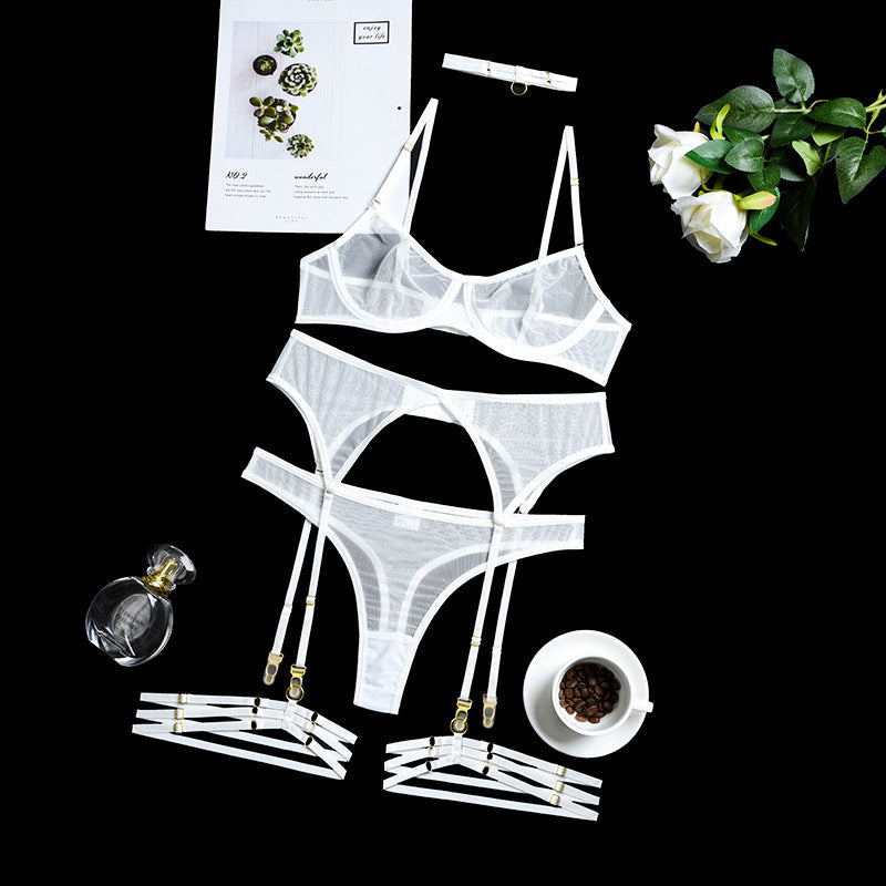 Summer Women Clothing Sexy Underwear Mesh Comfortable Slimming Push up Four-Piece Set with Steel Ring