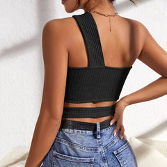 WomenClothing New Sexy Hollow Out Cutout out Knitted Vest Ultra Short Oblique Shoulder Tank-Top