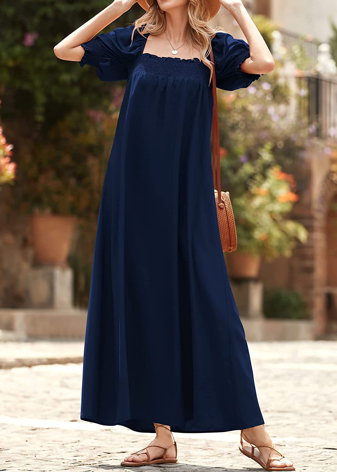 Spring Summer Puff Sleeve Square Collar Dress Solid Color Loose Casual Pocket Maxi Dress