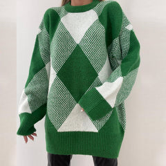 Half Turtleneck Pullover Sweater Loose Green Diamond Lattice Sweater