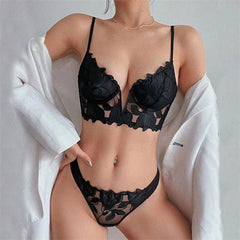 French Sexy Lace Untra Thin Underwear Set Breasts Contracting Steel Ring Push up Breast Holding Top Support V Shaped Bra