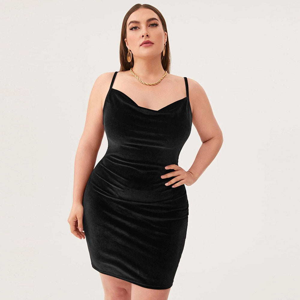 Plus Size Women Elegant Graceful Waist Hip Spaghetti Straps Velvet Cocktail Dress