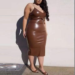 Plus Size Women Clothing plus-Sized Fall Winter Fashion Leather Cami Dress