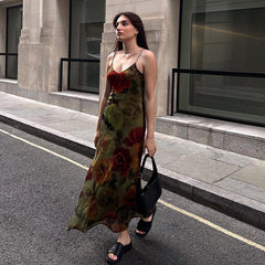 Rose Print Sexy Low Cut V neck Stiletto Heel Cami Dress  Slimming Chiffon Dress