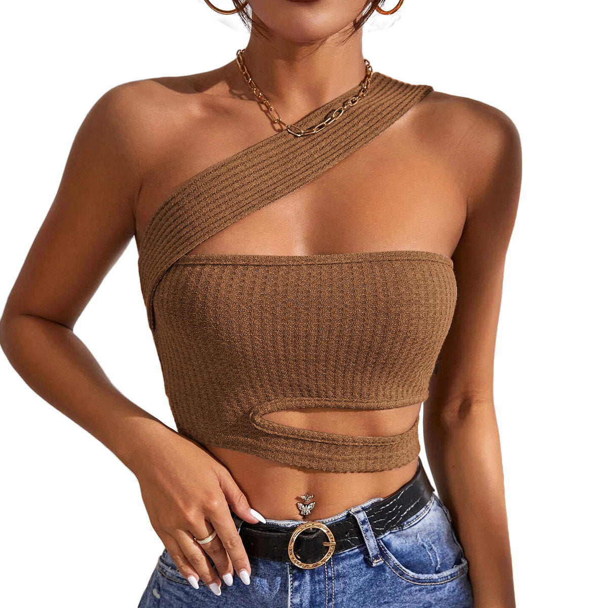 WomenClothing New Sexy Hollow Out Cutout out Knitted Vest Ultra Short Oblique Shoulder Tank-Top