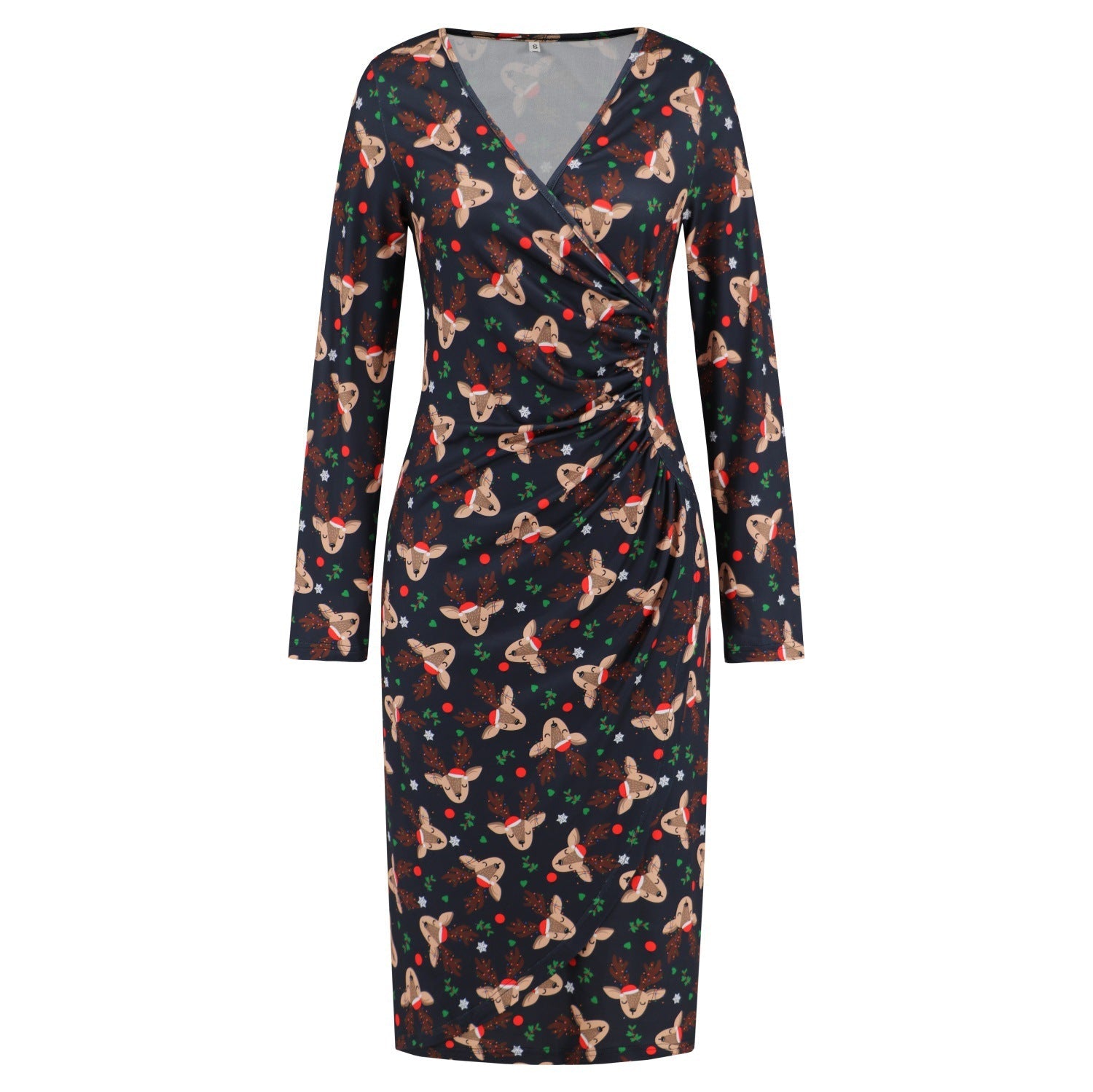 Christmas Printed Dress V Neck Slimming Slim Fit Dress Autumn Winter Women Clothing